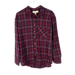 NWT Thread & Supply Relaxed Plaid Flannel Buttondown Shirt Wine Size XS NEW